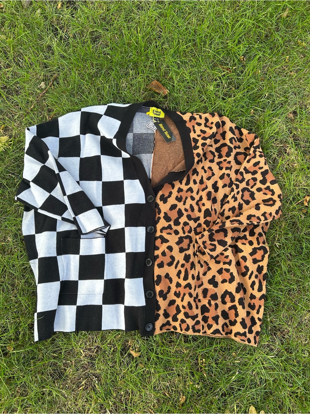 Burnt Toast Mixed-Pattern Cardigan Sweater - Black/White Checker & Leopard Brown